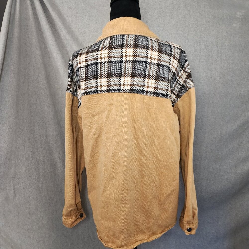 Western Shacket Women's L Tan Button Down, 100% Cotton Tweed Plaid Cowgirl - Picture 4 of 6